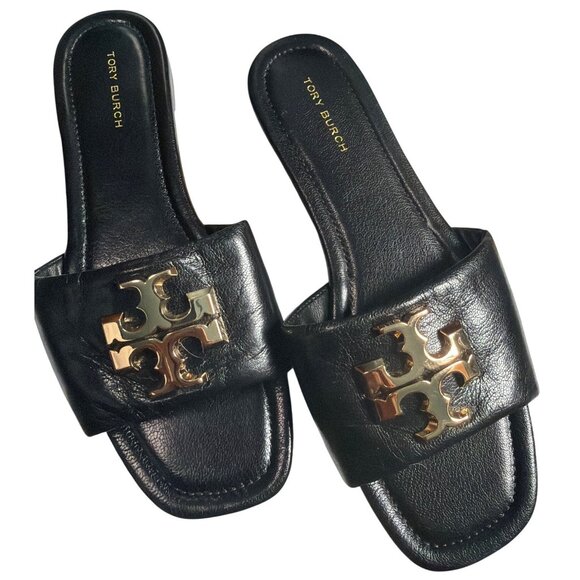 Tory Burch Eleanor Leather Slides Gold Hardware Black Size 6.5 - Picture 7 of 16